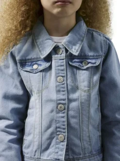 Blouson en jean en coton mélangé bleu stone uni avec un col à revers