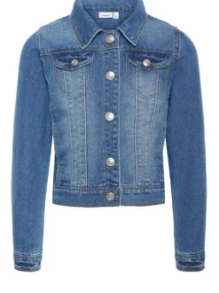Blouson en jean en coton mélangé bleu imprimé avec une coupe droite