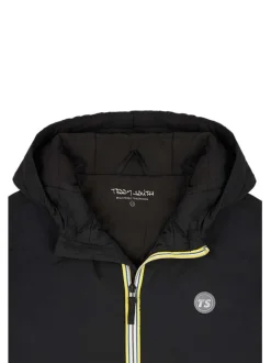 Blouson noir à tissu déperlant avec col à capuche et zip tricolore