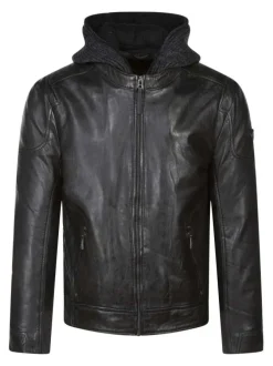 Blouson anthracite en cuir de mouton à coupe droite et avec un col à capuche