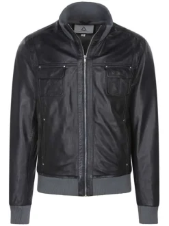 Blouson aviateur en cuir de mouton marine uni et col montant