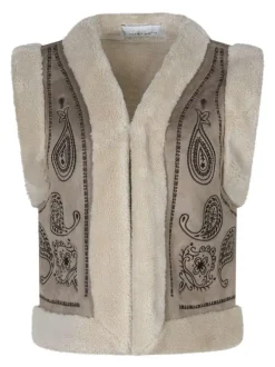 Blouson beige à coupe droite avec motifs cachemire et un col v