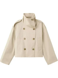 Blouson beige uni avec une coupe cropped et un col montant boutonné