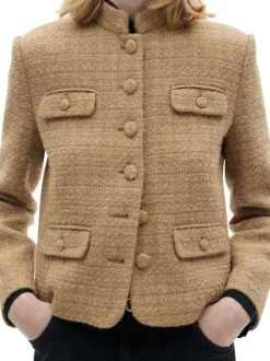 Blouson beige uni en tweed à coupe droite, col montant et boutons