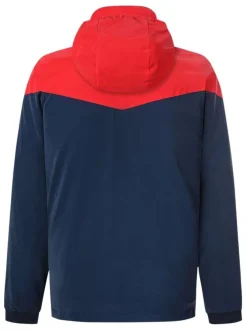 Blouson bicolore rouge et marine uni col à capuche amovible et fermeture zippée