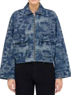 Blouson bleu en coton avec des imprimés abstraits à coupe droite
