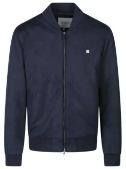 Blouson bleu foncé uni avec une coupe ajustée et un col montant