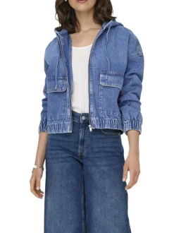 Blouson bleu jean uni en coton avec une coupe droite et un col à capuche