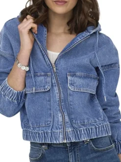 Blouson bleu jean uni en coton avec une coupe droite et un col à capuche