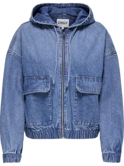 Blouson bleu jean uni en coton avec une coupe droite et un col à capuche