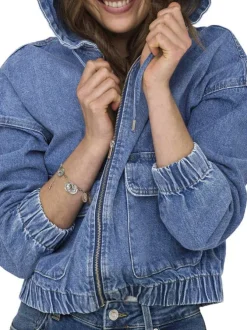 Blouson bleu jean uni en coton avec une coupe droite et un col à capuche