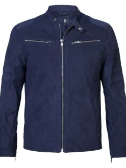 Blouson bleu marine uni avec un col rond boutonné et une fermeture zippée