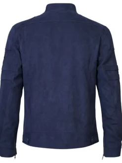 Blouson bleu marine uni avec un col rond boutonné et une fermeture zippée