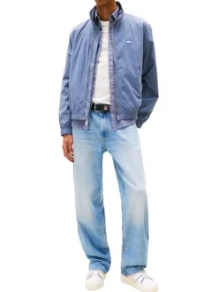 Blouson bleu uni avec une coupe droite col et une fermeture zippée