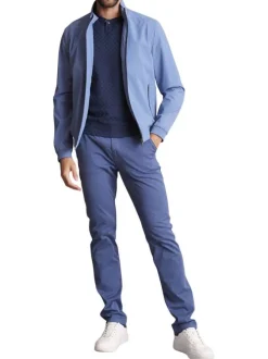 Blouson bleu uni à col montant avec des poches latérales zippées