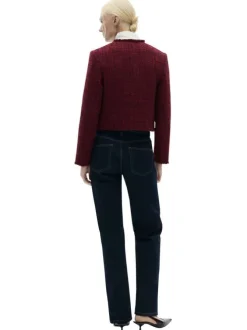 Blouson bordeaux en tweed à coupe droite, col rond et manches effilochées