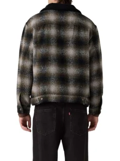 Blouson brun motif écossais avec un col chemise et doublure sherpa