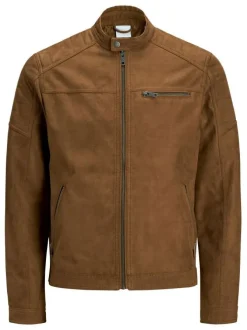 Blouson camel avec une coupe droite et un col boutonné style motard