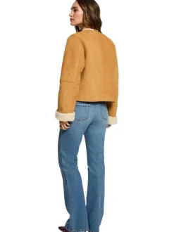 Blouson camel uni aspect daim pourvu de manches longues et d'un col rond