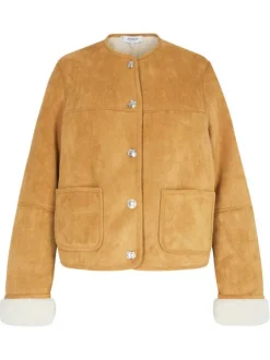 Blouson camel uni aspect daim pourvu de manches longues et d'un col rond