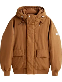 Blouson camel uni avec une coupe ajustée et un col à capuche réglable