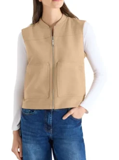 Blouson camel uni pouvu d'une coupe droite et d'un col montant