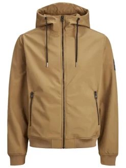 Blouson à capuche camel uni à manches longues et à fermeture zippée