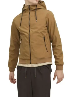 Blouson à capuche camel uni à manches longues et à fermeture zippée