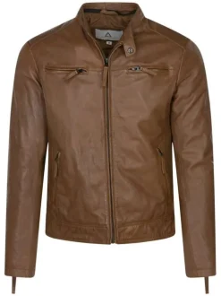 Blouson à capuche en cuir de mouton camel uni à fermeture zippée