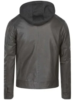Blouson à capuche en cuir gris uni avec une fermeture zippée