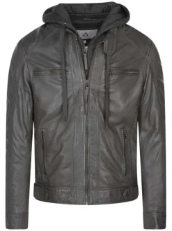 Blouson à capuche en cuir gris uni avec une fermeture zippée