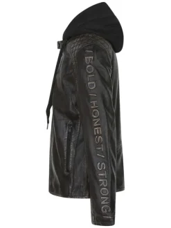 Blouson à capuche en cuir noir uni à coupe ajustée avec des poches zippées
