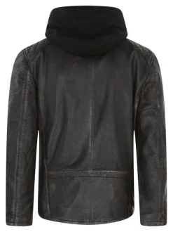 Blouson à capuche en cuir noir uni à coupe ajustée avec des poches zippées