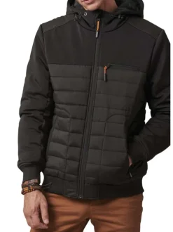 Blouson à capuche noir bi-matière avec une coupe droite et des poches