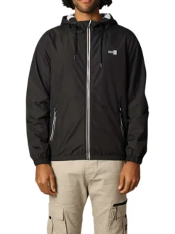 Blouson à capuche noir uni avec des détails blancs et à coupe droite