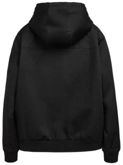 Blouson à capuche noir uni zippé à coupe droite avec le nom de la marque