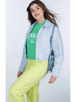 Blouson ciel en coton uni à col chemise et manches longues avec boutons argentés