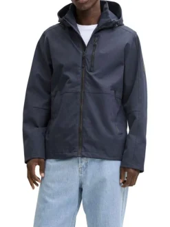 Blouson coupe-vent marine à coupe droite pourvu d'un col à capuche