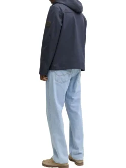 Blouson coupe-vent marine à coupe droite pourvu d'un col à capuche