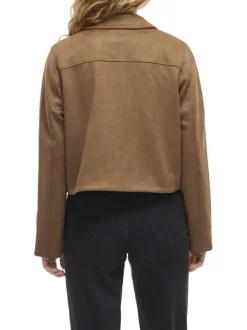 Blouson court camel uni avec une coupe droite et un col à revers