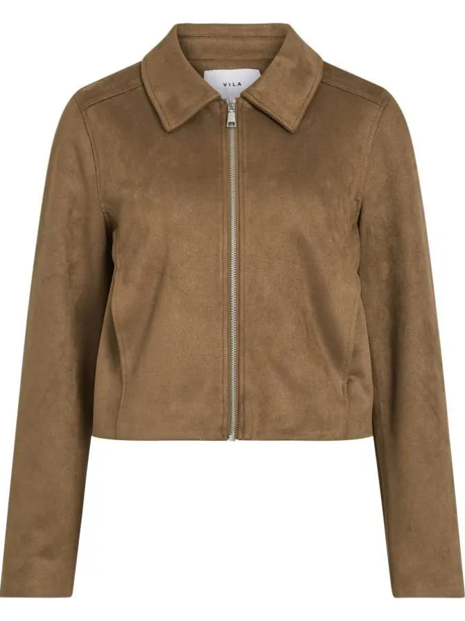 Blouson court camel uni avec une coupe droite et un col à revers