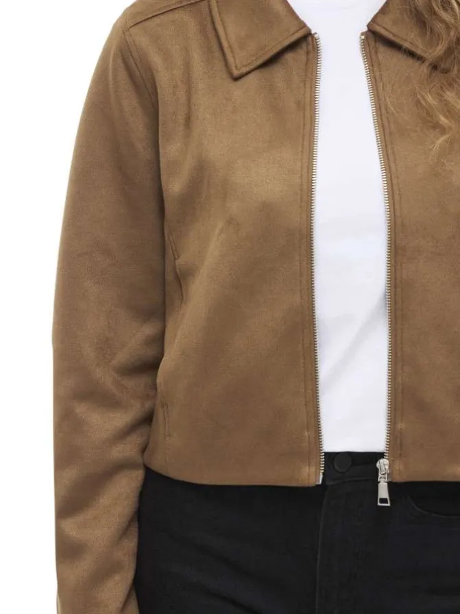 Blouson court camel uni avec une coupe droite et un col à revers