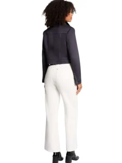 Blouson court indigo uni avec une coupe droite et un col à revers