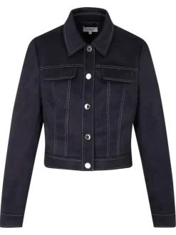 Blouson court indigo uni avec une coupe droite et un col à revers