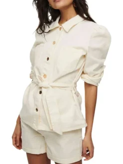 Blouson écru en coton col chemise manches longues plissées aux épaules