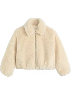 Blouson écru en maille sherpa à coupe coupe droite avec un col à rabats