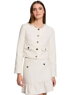 Blouson écru uni court avec une coupe droite, col rond et boutons dorés