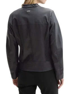 Blouson de motard noir uni avec une coupe droite et un col rond boutonné