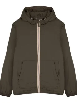 Blouson déperlant kaki avec zip tricolore, col à capuche et 4 poches
