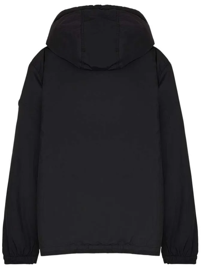 Blouson déperlant noir avec col à capuche, zip tricolore et logo de la marque